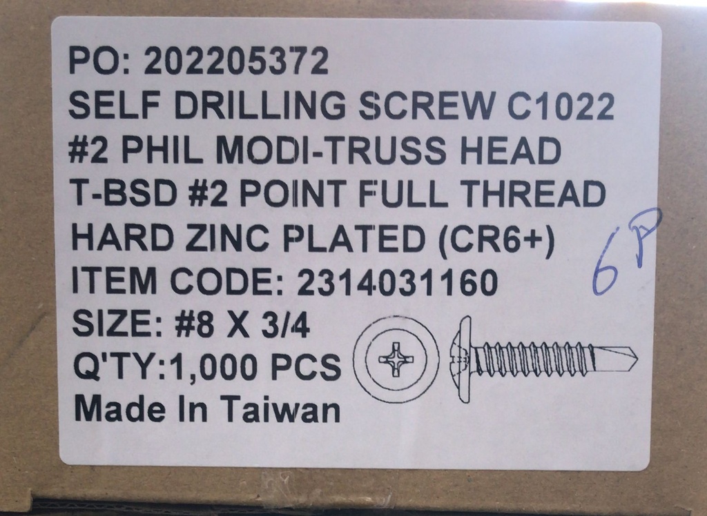 S/C SELF DRILLING + SCREW 8X3/4